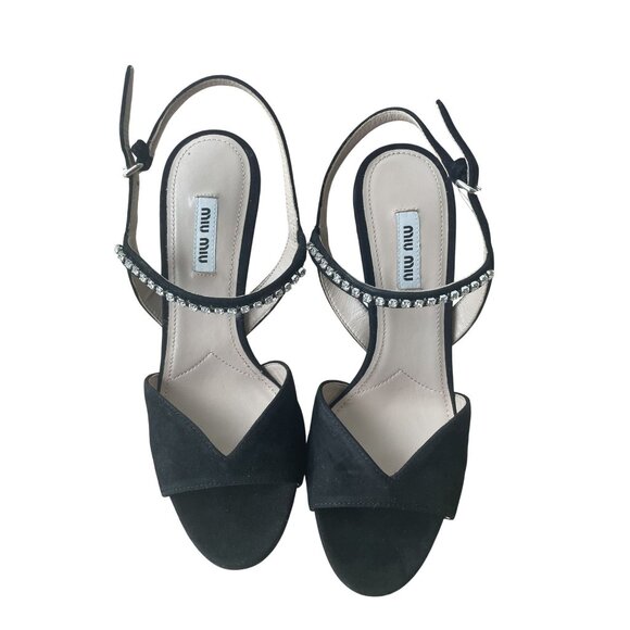 Miu Miu Black Suede Heels With Rhinestone Detail & Crystal Studded Block Heel Wo - Picture 1 of 10
